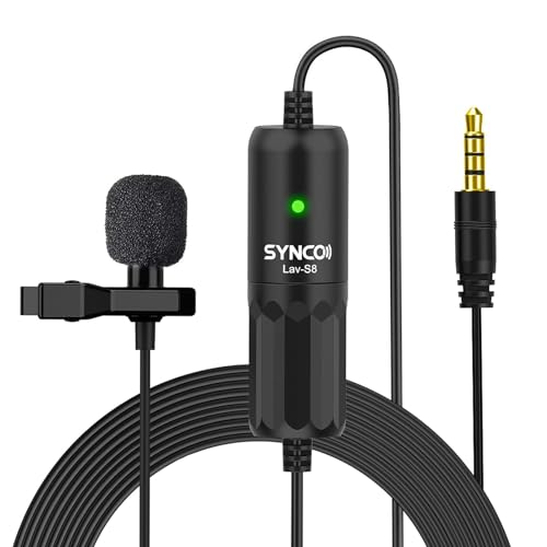 Synco Microfono Lavalier, S8 Clip Mic 3.5Mm Omnidirezionale 8 Metri Compatibile Per Smartphone Iphone/Android, Fotocamera, Tablet, Laptop, Computer, M