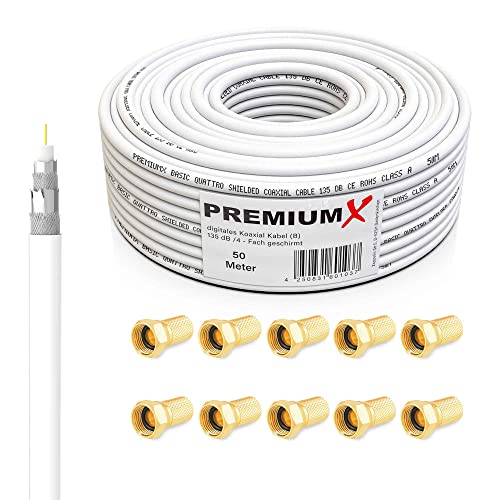Premiumx Basic Cavo Coassiale Da 50M - Ricezione Perfetta Con Schermatura In Alluminio Quadrupla 135Db - Compatibile Con Dvb-S / S2, Dvb-C, Dvb-T, Bk