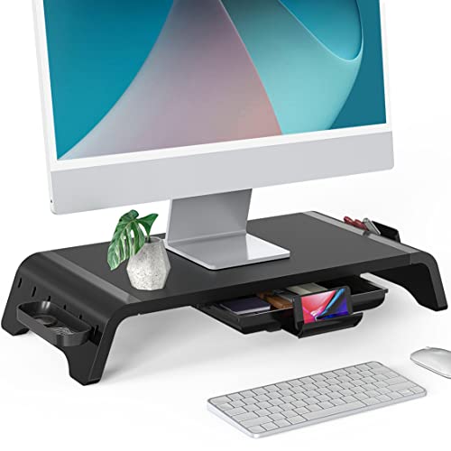 Fenge Supporto Monitor Supporto Per Monitor In Legno Con Cassetto, Supporto Per Telefono E Scatole Di Stoccaggio Mobili L52Xw23,5Xh8,9Cm Nero G04A1522