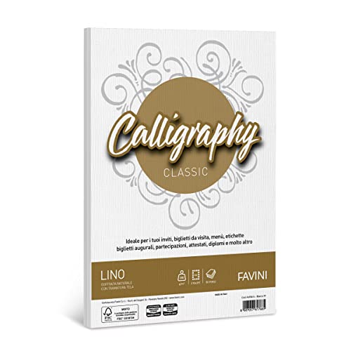 Favini A690614 Calligraphy Lino Colore Bianco 50 Cartoncini Da 200 Gr/M2 Formato A4 21X29,7 Cm Ideali Per Inviti Partecipazioni Diplomi Menù Made In I
