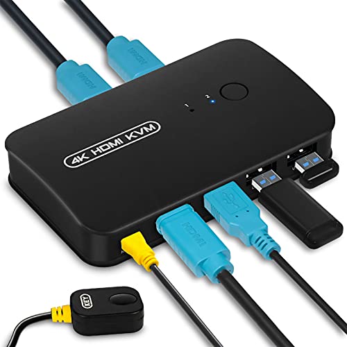 Hdmi Kvm Switch Con 3 Porte Usb, Commutatore Switch Per 2 Pc Per Condividere Mouse, Tastiera, Hard Drive, Stampante, Scanner, 2 Cavi Kvm In Dotazione