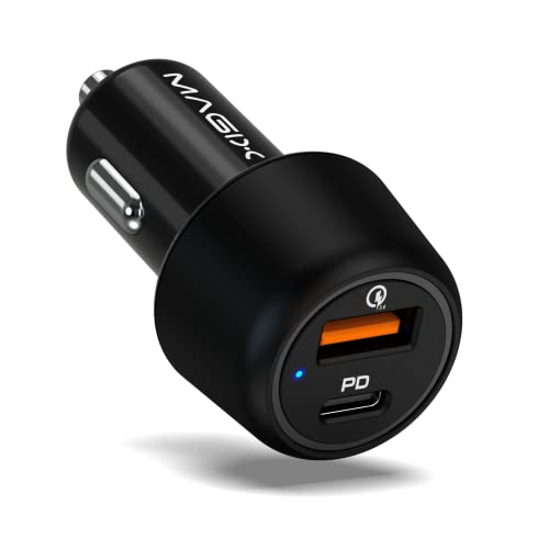 Magix Caricabatterie Auto 38W Porta Usb-A Qc 3.0 (18W) + Usb-C Pd 3.0 (20W), Carica Simultanea Quick Charge 3.0 E Power Delivery 3.0 (Nero)
