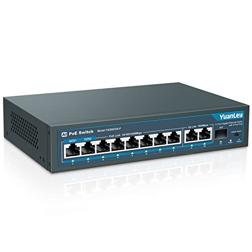 Yuanley 11 Porte Switch Gigabit Poe, 8 Porte Poe+ 1000 Mbps, 2 Gigabit Uplink, 1 Porta Sfp, 120W 802.3Af/At, Metal, Qos, Switch Ethernet Non Gestito P