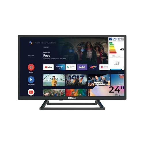 Digiquest Smart Tv 24”, Hd Ready, Android Google Tv, Wi-Fi, Lcn, Tivùsat, Doppio Tuner, Mediaplayer, Funzione Cec, Base Centrale, Nero [Classe Di Effi