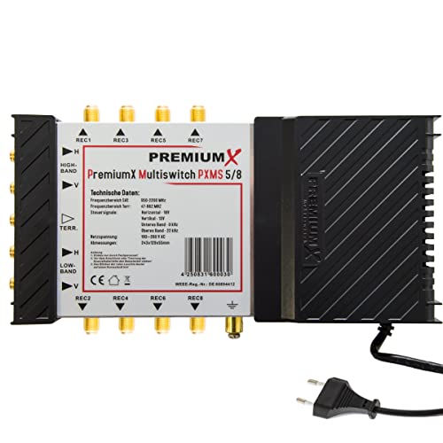 Premiumx Pxms Multiswitch 5/8 Con Alimentatore - Distributore Di Segnali Satellitari Per 8 Utenti - Supporta Digital Hdtv Fullhd 4K Uhd 8K