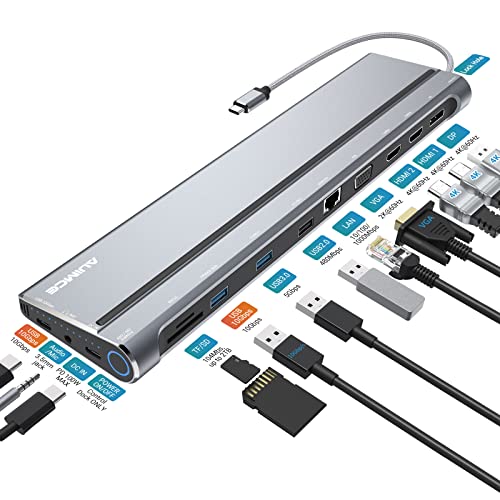 Usb C Docking Station Dual Monitor,14 In 1 Triple Display Usb C Dock Con 4K@60Hz Hdmi, Dp, Vga, Gigabit Ethernet, Usb3.2 Gen2 10 Gbps, Pd 100W, Sd/Tf/