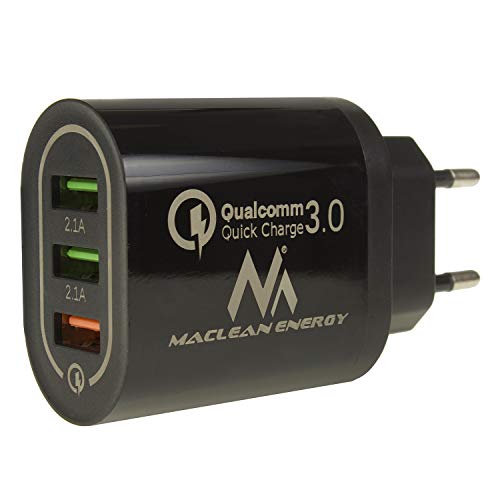 Maclean Mce479 Caricatore A Muro Usb 3Xusb Universale Adattatore Di Ricarica Rapida Qc 3.0 3.6-6V/3A 6-9V/2A 9-12V/1.5 2X 5V/2.1A (Nero)