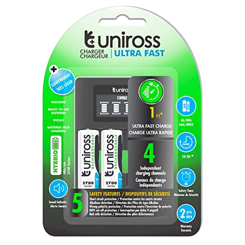 Uniross Caricabatterie Ultra Fast Aa/Hr6 - Aaa/Hr03 + 4 Batterie Ricaricabili Aa 1,2V 2500Mah
