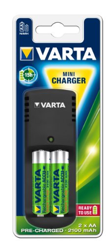 Varta Mini Charger, Caricabatterie Con 2 Batterie Aa Da 2100 Mah, R2U, Nero