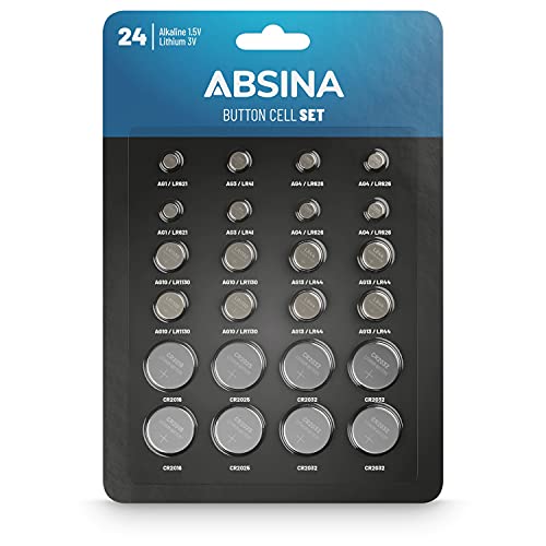 Absina 24 Batterie A Bottone Miste Alcaline E Litio - 2X Ag1, 2X Ag3, 4X Ag4, 4X Ag10, 4X Ag13, 2X Cr2016, 2X Cr2025, 4X Cr2032 - Pile A Bottone Da 1,