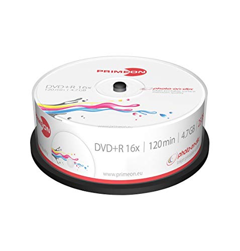 Primeon Dvd+R 4,7 Gb/120 Min/16 X Cakebox Photo-On-Disc, Inkjet Full Size Printable Surface (25 Dischi)