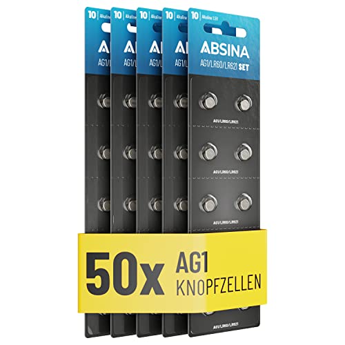 Absina 50X Sr621Sw Ag1 Lr621 Pile A Bottone Alkaline - Batteria 364 Orologio Da 1,5V A Prova Di Perdite E Di Lunga Durata - Lr60 / Sr60 / 1175S0 / 164