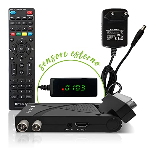 Techly 360981 Decoder Ricevitore Digitale Terrestre Dvb-T/T2 H.265 Hevc 10Bit Usb Hdmi Scart 180° E Telecomando Universale 2 In 1 Nero