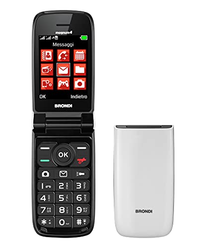 Brondi Magnum 4 Telefono Cellulare Maxi Display, Tastiera Fisica Retroilluminata, Dual Sim, 1.3 Mp, Li-Ion 800 Mah, Flip Attivo, Bianco