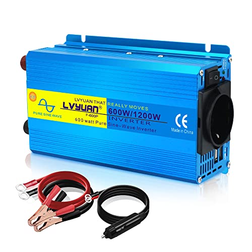 Cantonape Invertitore Sinusoidale Puro Da 600 W, 12 V A 230 V, 600 W, Convertitore Di Corrente Per Auto, Inverter, Con 2 Porte Usb, Presa Accendisigar