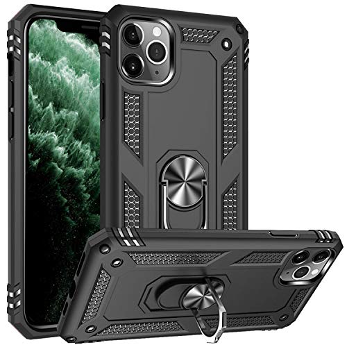 Fetrim Custodia Per Iphone 11 Pro, Cover Pc Tpu Cassa Shell Supporto Di Anello Rotante Case Per Apple Iphone 11 Pro Nero
