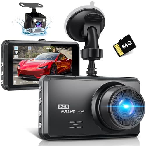 Miden S7 2.5K Doppia Dashcam,Scheda Sd 64G,1600P+1080P Fhd Telecamera Per Auto,Dash Cam Auto Ips 3.2" Con Grandangolo Di 336°,G-Sensor,Visione Notturn