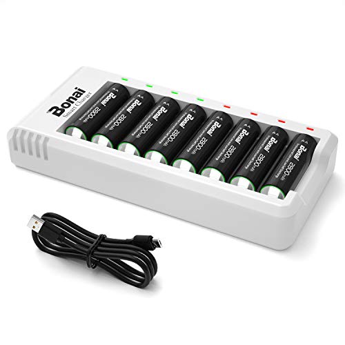 Bonai Batterie Ricaricabili Aa Alta Capacità 2800Mah 8 Pezzi Pile Ricaricabili Stilo Ni-Mh Con Caricatore 8 Slot Intelligente Led Caricabatterie Ricar