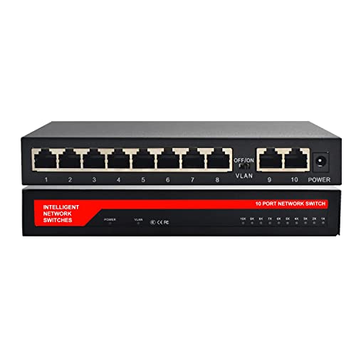 Kuwfi Switch Di Rete Gigabit A 10 Porte, Switch Lan Rj45 Porte, Switch Fast Ethernet, Splitter Lan, Distributore Lan 10/100/1000 Mbps, Metal Fanless P