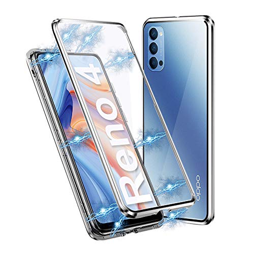 Joicase Custodia Per Oppo Reno4 5G Adsorbimento Magnetico 360 Gradi Protezione Cover Vetro Temperato Telaio Alluminio Antiurto Metallo Flip Case - Arg