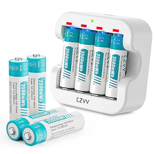 Czvv Batterie Ricaricabili Aa Lithium 1,5V - Alta Capacità 3500Mwh Pile 8 Pezzi Con Caricatore 4 Slot Intelligente Caricabatterie Ricarica Rapida 2H,