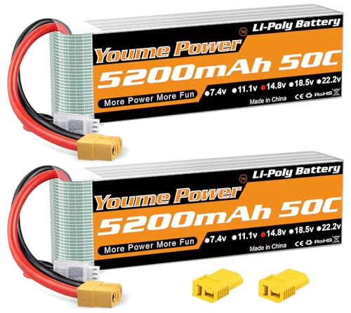Youme Batteria Lipo 4S 5200Mah, 14.8V Batteria Lipo 50C Xt60 E Connettore A T Deans Per Rc Car, Rc Truck, Rc Truggy, Rc Airplane Uav Drone Fpv (2Pack)