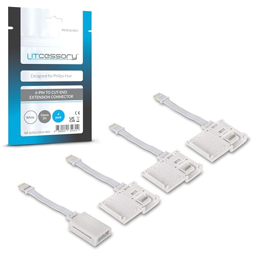 Litcessory Connettore Da 6-Pin A Tagliare-Fine Di Estensione Per Philips Hue Lightstrip Plus (50Mm, 4 Pezzi, Bianco - Micro 6-Pin V4)