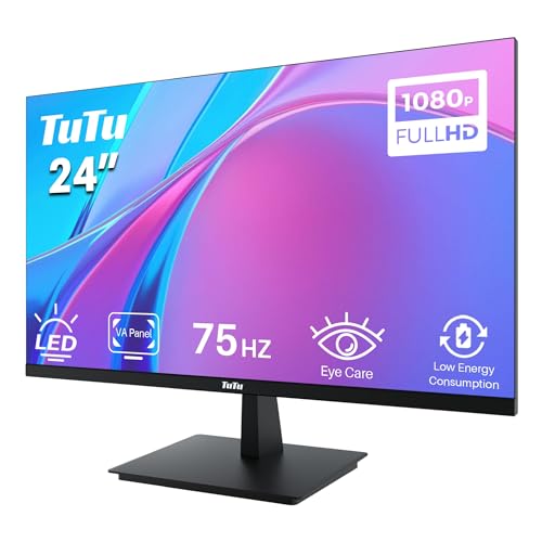 Tutu 24 Pollici Monitor Full Hd Va Pannello Senza Bordi 75Hz Eye Care (1920 X 1080, Vga Hdmi Vesa 75 X 75Mm), Senza Sfarfallio, Filtro Luce Blu, Basso