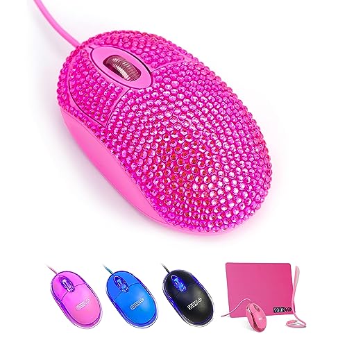 Soongo Usb Optical Wired Mini Computer Mouse For Latpot Mice With Pink Crystal Bling Rhinestone Funny Personalized Gift For Kids And Teen Girl Birthda