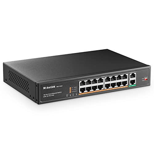 Mokerlink 16 Port Poe Switch, 2 Gigabit Uplink Port, 250W Ad Alta Potenza, Supporto Ieee802.3Af/At, Montaggio Su Rack Non Gestito Plug And Play