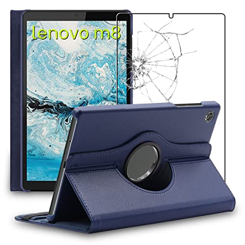 Ebeststar - Cover Per Lenovo Tab M8 2021 (3Rd Gen), M8 Hd 2019, Custodia Protezione Rotazione 360, Pelle Pu, Blu Scuro + Vetro Temperato