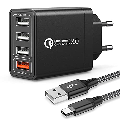 Joomfeen Caricatore Usb Con Cavo Usb Type C Da Muro, Quick Charger 3.0 30W/6A Carica Rapida 4 Porte Multiplo Da Parete Per Samsung Galaxy S10/S9/S8 Pl