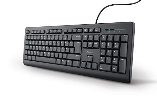 Trust Taro - Tastiera Con Cavo, Layout Tedesco Qwertz, Tasti Silenziosi, Resistente Agli Schizzi, Porta Usb, Lunghezza Cavo 1,8 M, Tastiera Per Pc, La