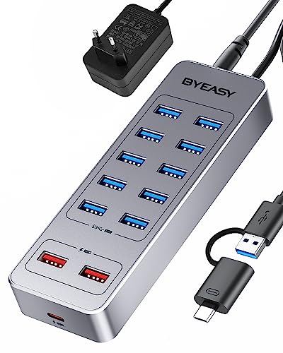 Byeasy Hub Usb Powered, 13 Porte Usb 3.0 Data Hub Con 10 Porte Usb 3.0, 2 Porte Di Ricarica Usb A E 1 Porta Di Ricarica Usb C, Splitter Usb Alimentato