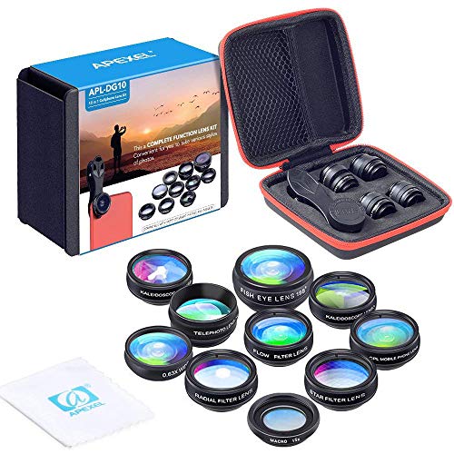 Apexel 10 In 1 Telecamera Kit Obiettivo Lente Grandangolare, Obiettivo Macro, Fisheye, Caleidoscopio, Cpl/Flow/Star/Filtro Radiale Clip-On Telefono Pe