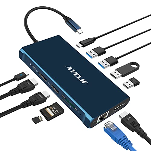 Ayclif 12 In 1 Usb C Hub, Usb C Docking Station Triple Display 4K Dp/2*Hdmi (5 Gbps Usb A/C 3.0,1G Ethernet, Pd 100W, 3,5 Mm Mic, Sd/Tf), Adattatore M