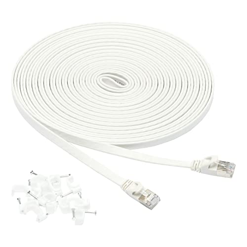 Amazon Basics - Cavo Patch Per Connessione Internet, Piatto Rj45 Cat-7, 10 Gigabit Ethernet - 9,1 M, Bianco