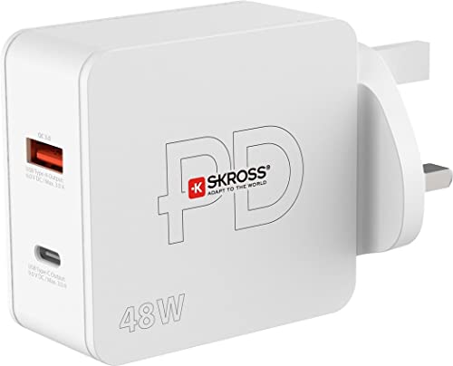 Skross - Usb Wall Charger - Caricabatterie Da Muro Presa Uk - 1 Presa Usb-C Power Delivery 48W - 1 Presa Usb-A Quick Charge 3.0 18W - Cavo Usb-C 160Cm