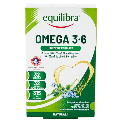 Equilibra Integratori Alimentari, Omega 3-6, Integratore Con Epa E Dha, Per La Normale Funzione Cardiaca E Cerebrale, Per La Capacità Visiva Normale,