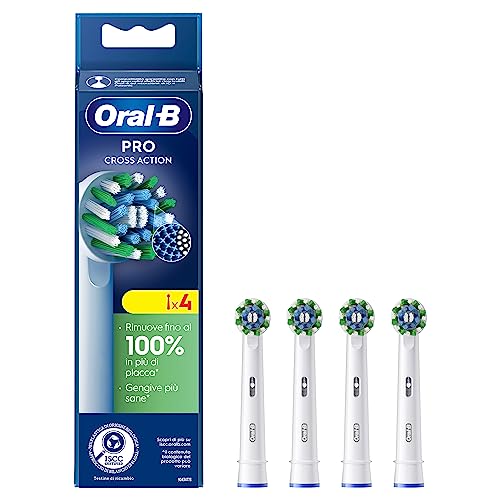 Oral-B Cross Action Testine Spazzolino Elettrico, Confezione Da 4 Testine Di Ricambio Bianche, Setole Angolate Che Si Adattano A Ogni Dente Per Una Pu