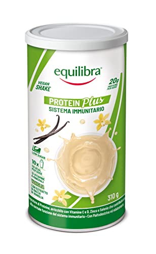 Equilibra Integratori Alimentari, Protein Plus Vaniglia, Vegan Shake Sistema Immunitario, 13 Vitamine E 6 Minerali, Low Sugar, High Protein, Con Malto