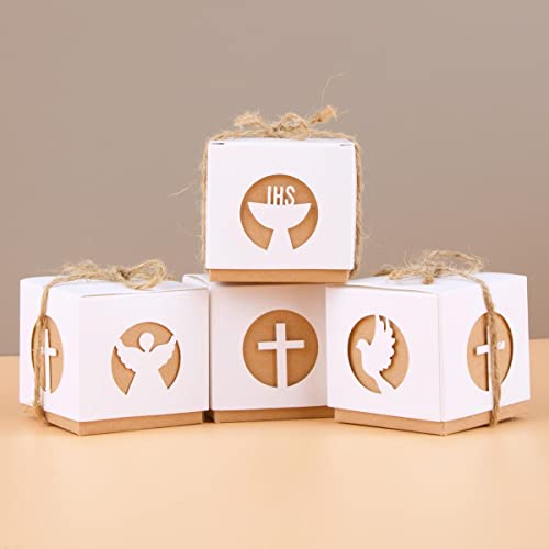 50Pz Scatoline Portaconfetti Bomboniere Prima Comunione Scatole Cresima Carta Regalo Bambini Con Corda Iuta Nastri Stampa Angelo Calice Decorazione Co