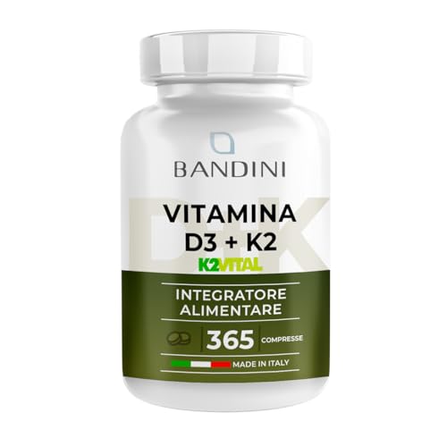 Bandini® Vitamina D3 K2 | 365 Compresse (12 Mesi) | Vitamina D3 2000 Ui + 200 Mcg Vitamina K2 | K2 Mk-7 99% All Trans (K2Vital®) | Per Ossa, Denti, Mu