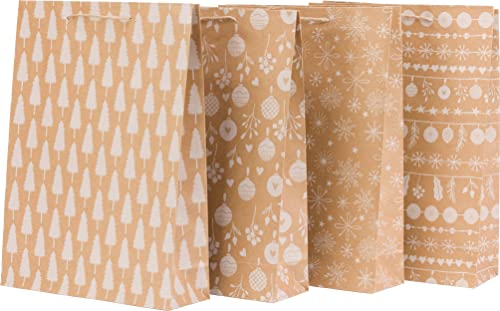100% Mosel Sacchetti Regalo Natale, In Marroncino/Bianco, 12 Pezzi (25 X 34 X 8 Cm), Sacchetto Natalizio In Carta Kraft, Sacchetto Regalo In Stile Sca