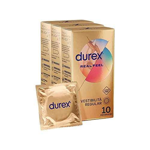 Durex Real Feel (56 Mm), Forma Serbatoio Easy-On, 3 Confezioni, 30 Profilattici Spessi, Vestibilità Regular