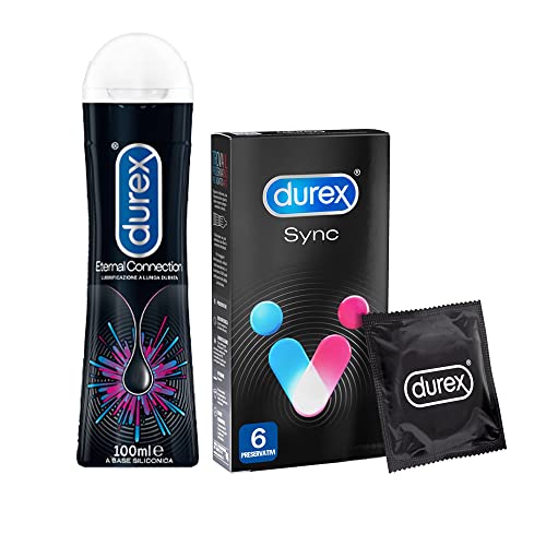 Durex Sync Preservativi, 6 Profilattici Ritardanti Con Rilievi E Nervature E Durex Gel Lubrificante Eternal Da 100Ml