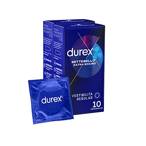 Durex Settebello Extra Sicuro (56 Mm), Forma Serbatoio Easy-On, 2 Confezioni, 20 Profilattici Spessi, Vestibilità Regular