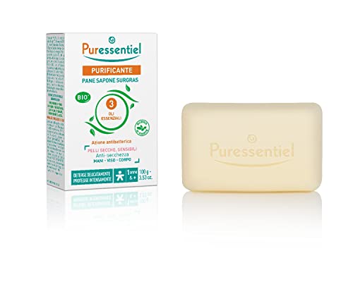 Puressentiel Sapone Surgras Solido, 3 Oli Essenziali Bio, Azione Antibatterica, Viso, Mani E Corpo, Pelli Secche E Sensibili, Detersione Delicata, 100