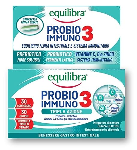 Equilibra Integratori Alimentari, Probio 3 Immuno, Fermenti Lattici Probiotici E Prebiotici Per Flora Intestinale Con Vitamine C, D E Zinco, 30 Compre