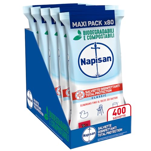 Napisan Salviette Disinfettanti Total Protection, Confezione Da 5 Pacchi X 80 Salviette Disinfettanti Biodegradabili E Compostabili Multisuperfici